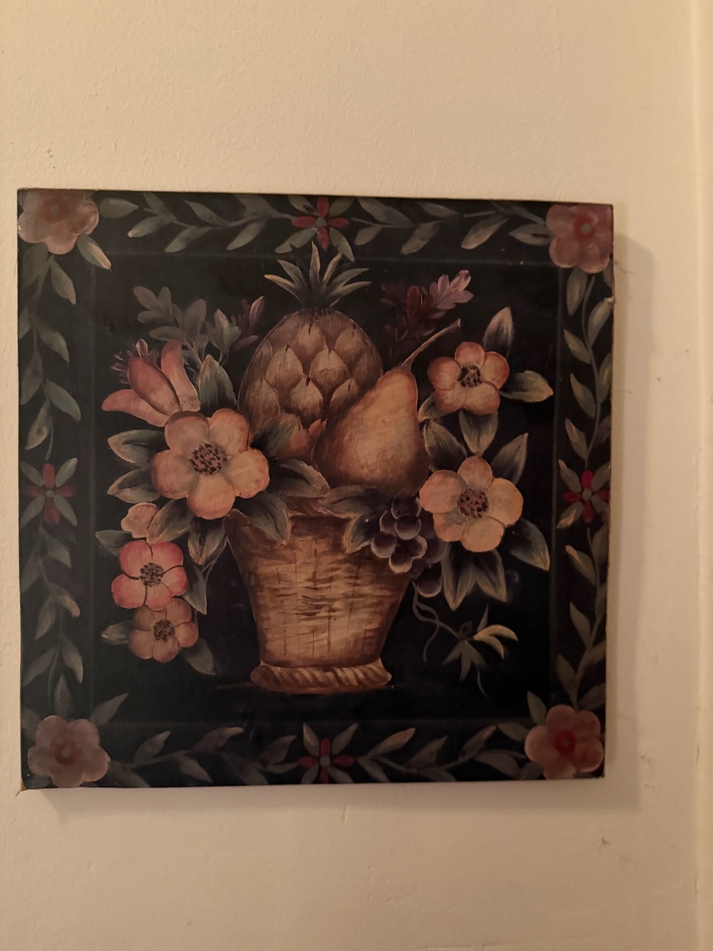 Decorative Fruit Basket Wall Art - Black Floral Accent